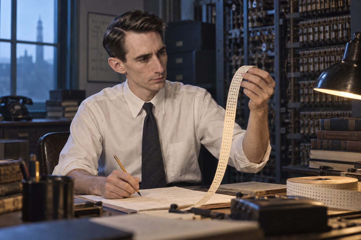 AI-imagined Claude Shannon at work in 1948, considering notes and punched paper tape at a laboratory desk.
