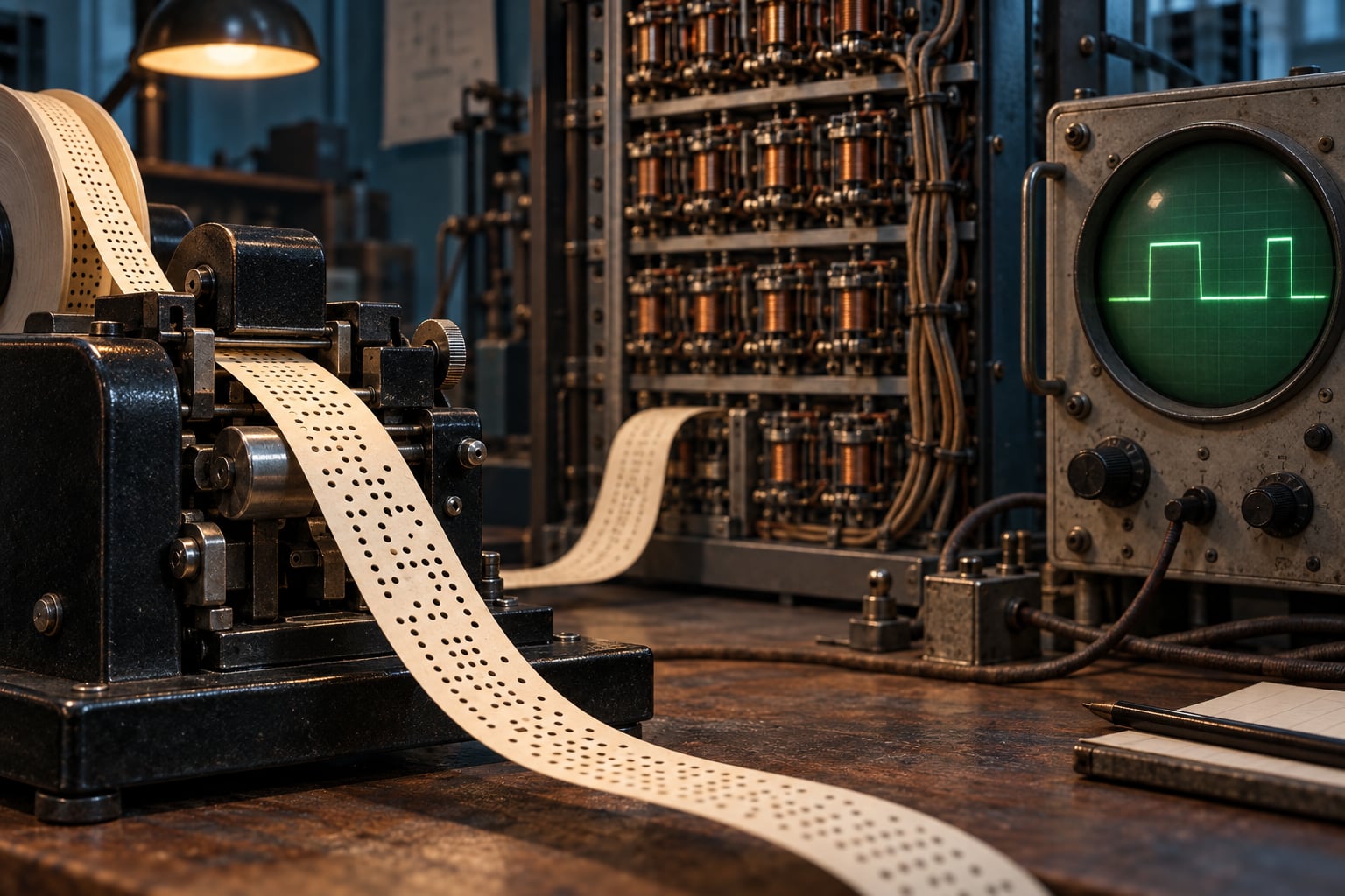 Illustrative reconstruction of period communications equipment with punched paper tape, switching relays, and an oscilloscope.