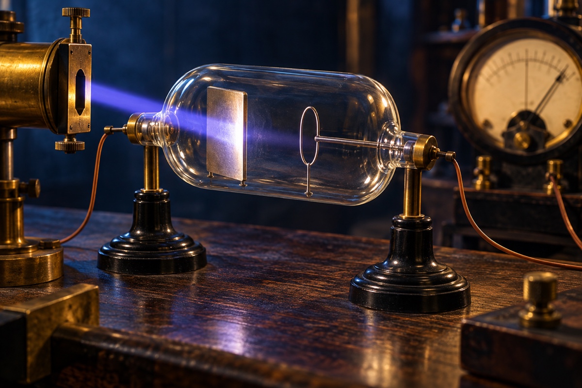 Conceptual render of discrete energy packets interacting with matter, each quantum delivering its full energy in a single localized event