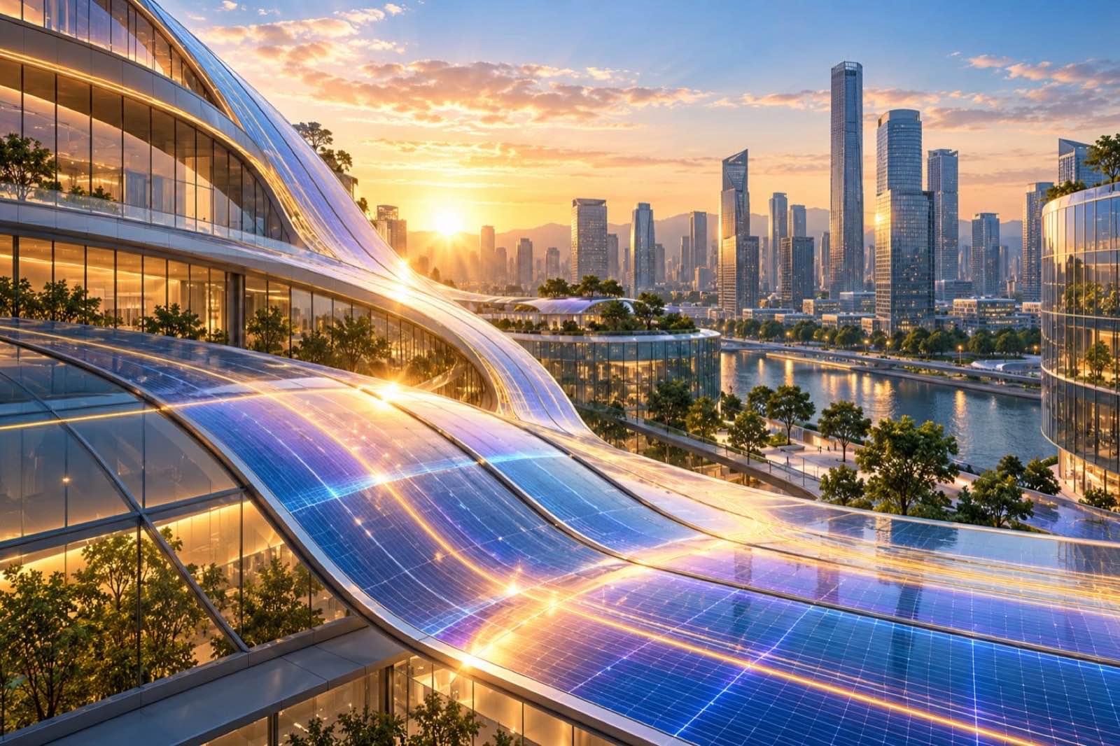 A futuristic city with thin solar films following the curves of glass roofs and building facades in the morning sun