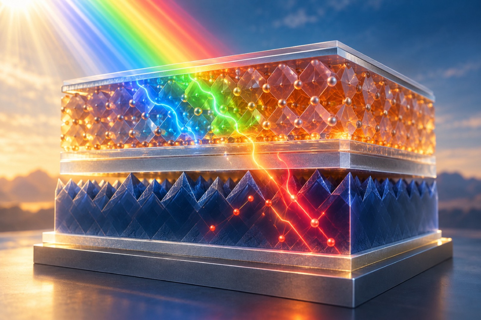 A conceptual cross-section of glowing perovskite layers stacked above a silicon solar cell as different colors of sunlight pass through the device