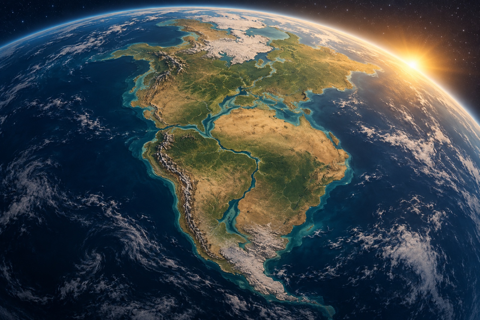 Illustration of Pangaea, with South America joined to Africa beneath a rising sun
