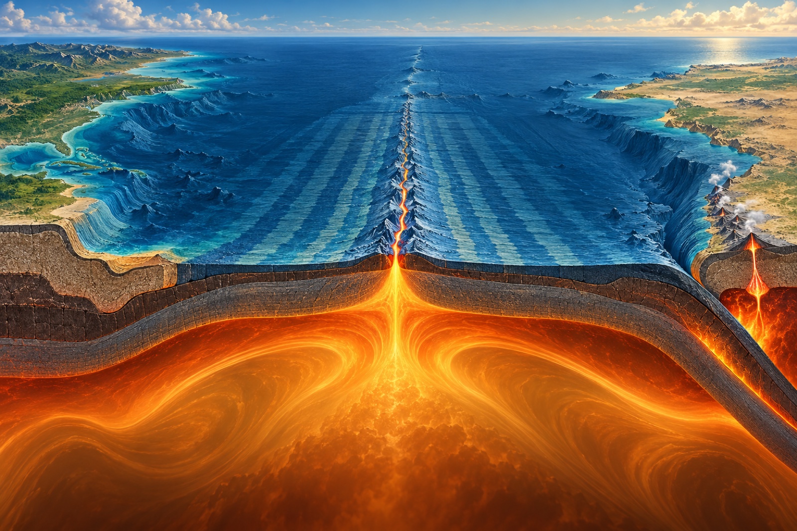 Scientific illustration showing new seafloor forming at a mid-ocean ridge and tectonic plates moving